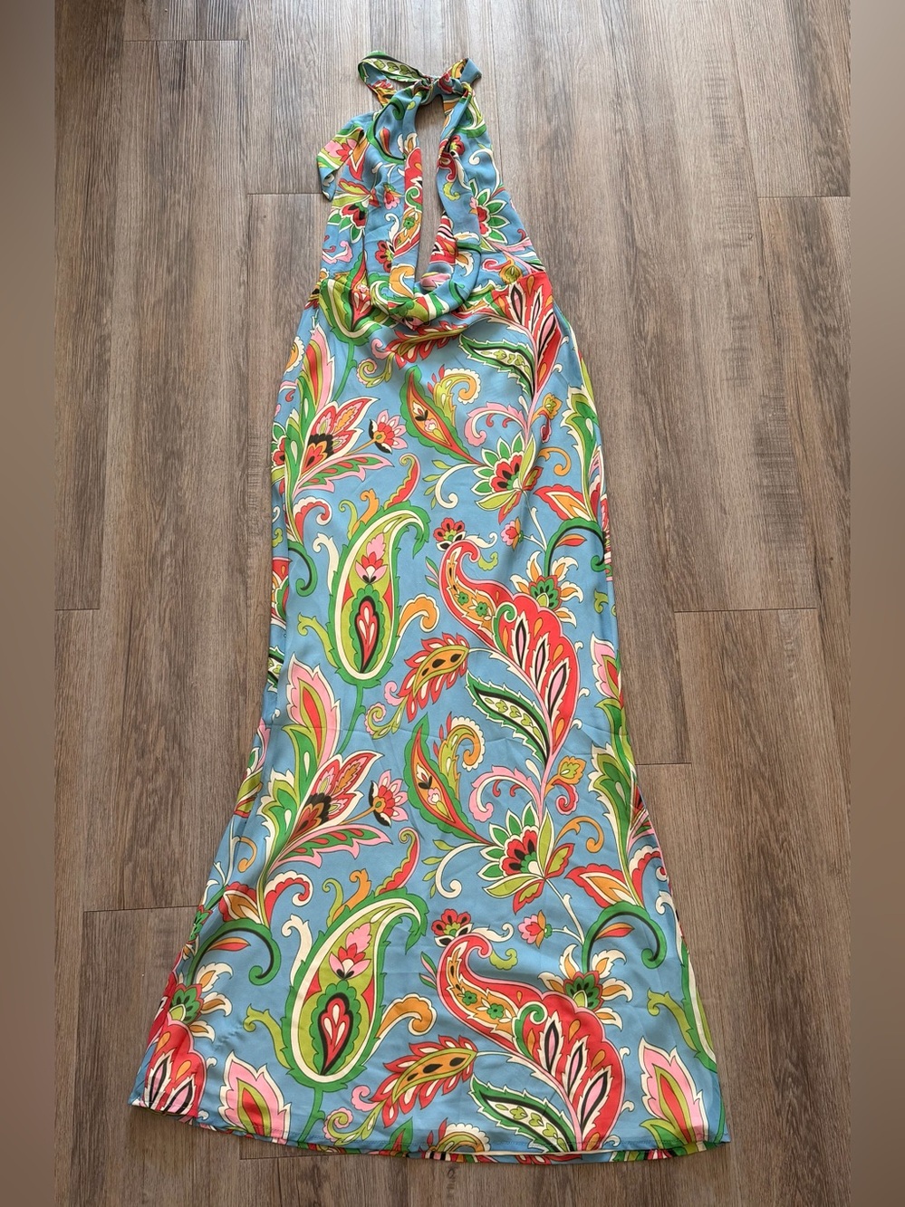 Runaway The Label Lexie Low Plunge Blue Paisley Halter Maxi Dress Women’s Size S